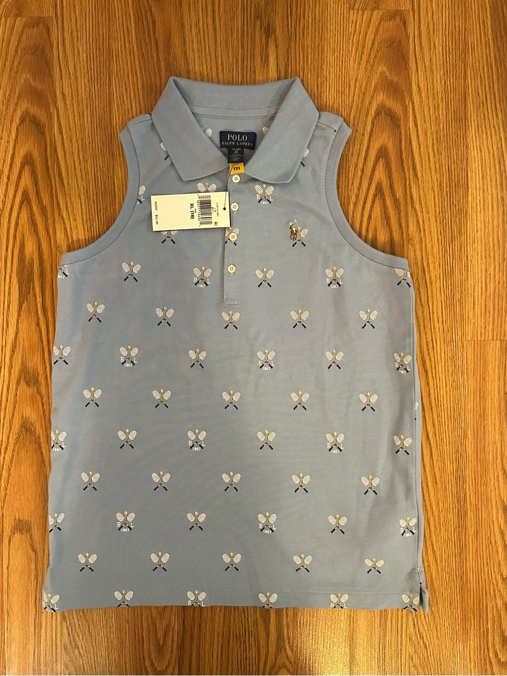 Polo Ralph Laure Girl’s Tennis Print Mesh Sleeveless Polo Shirt, Size XL(16)